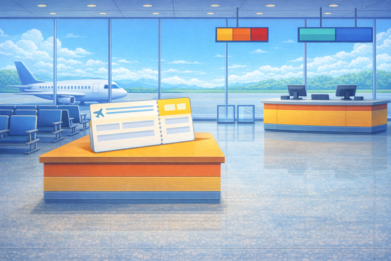 Airport ticket desk with a boarding ticket