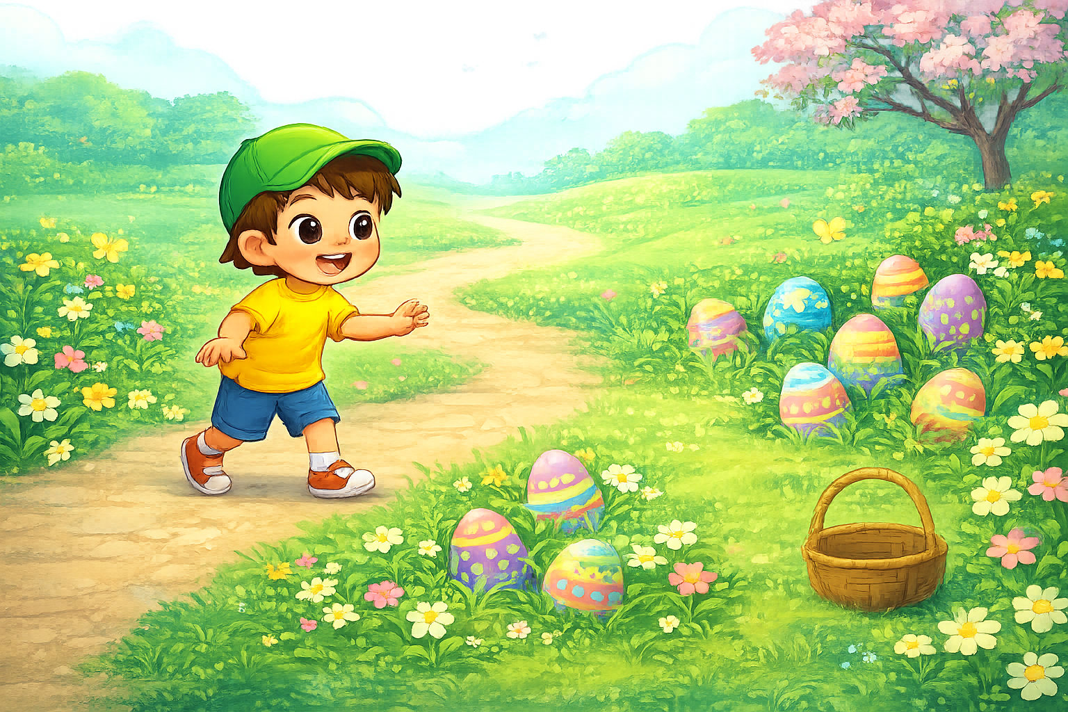 Cartoon Easter egg hunt garden with a child searching for a painted egg