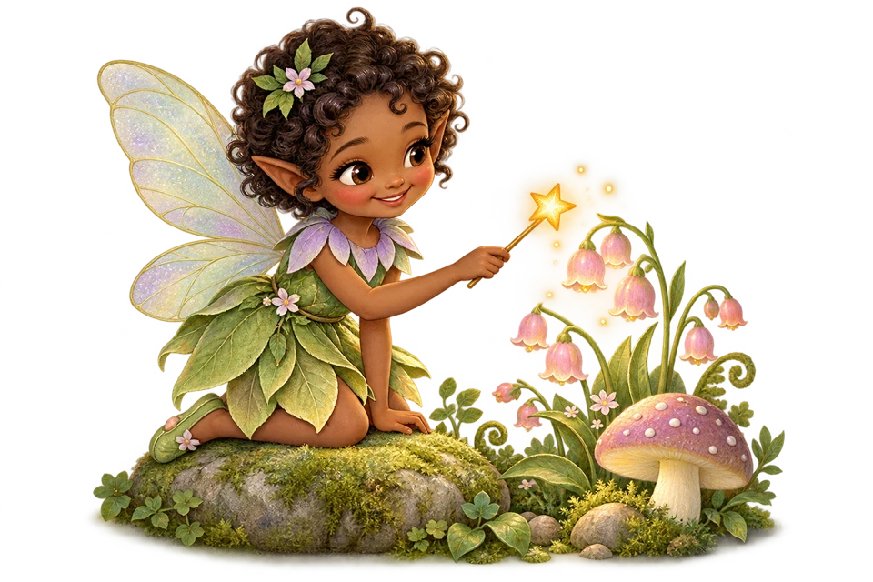 Pip, a smiling woodland pixie with delicate wings, tending tiny flowers with a golden wand.