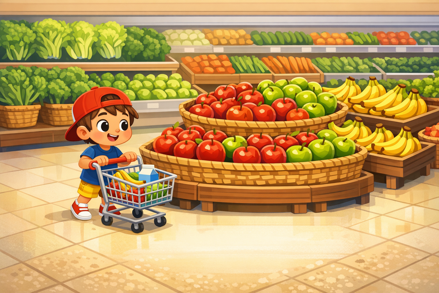 Cartoon supermarket produce aisle with a child shopping for apples