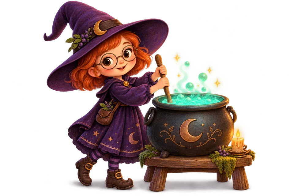 Juniper, a friendly witch in a purple hat, stirring a glowing cauldron.